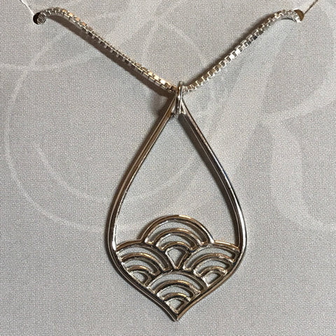 Sterling silver teardrop wave pendant on sterling silver box chain necklace