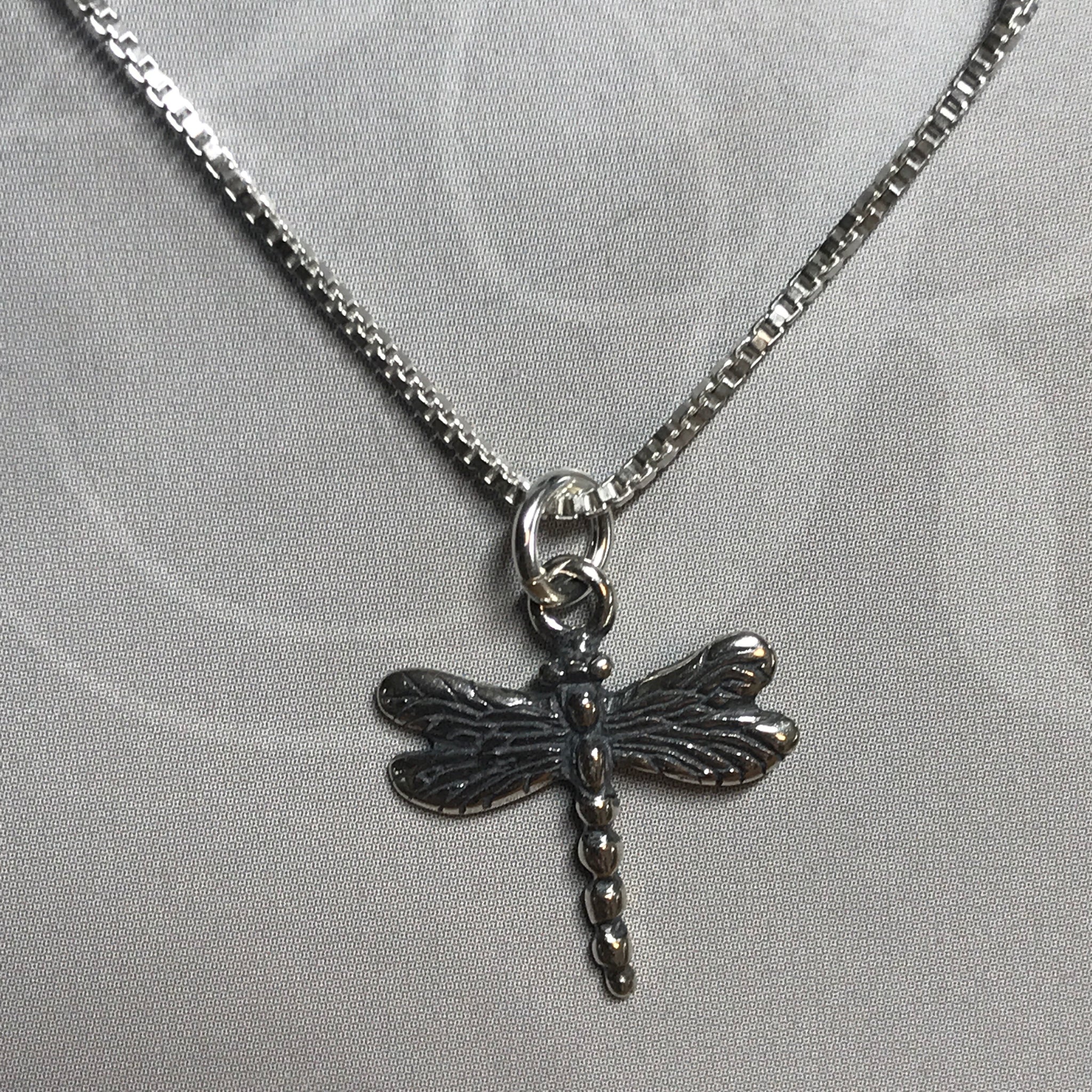 Sterling silver dragonfly pendant on sterling silver box chain necklace