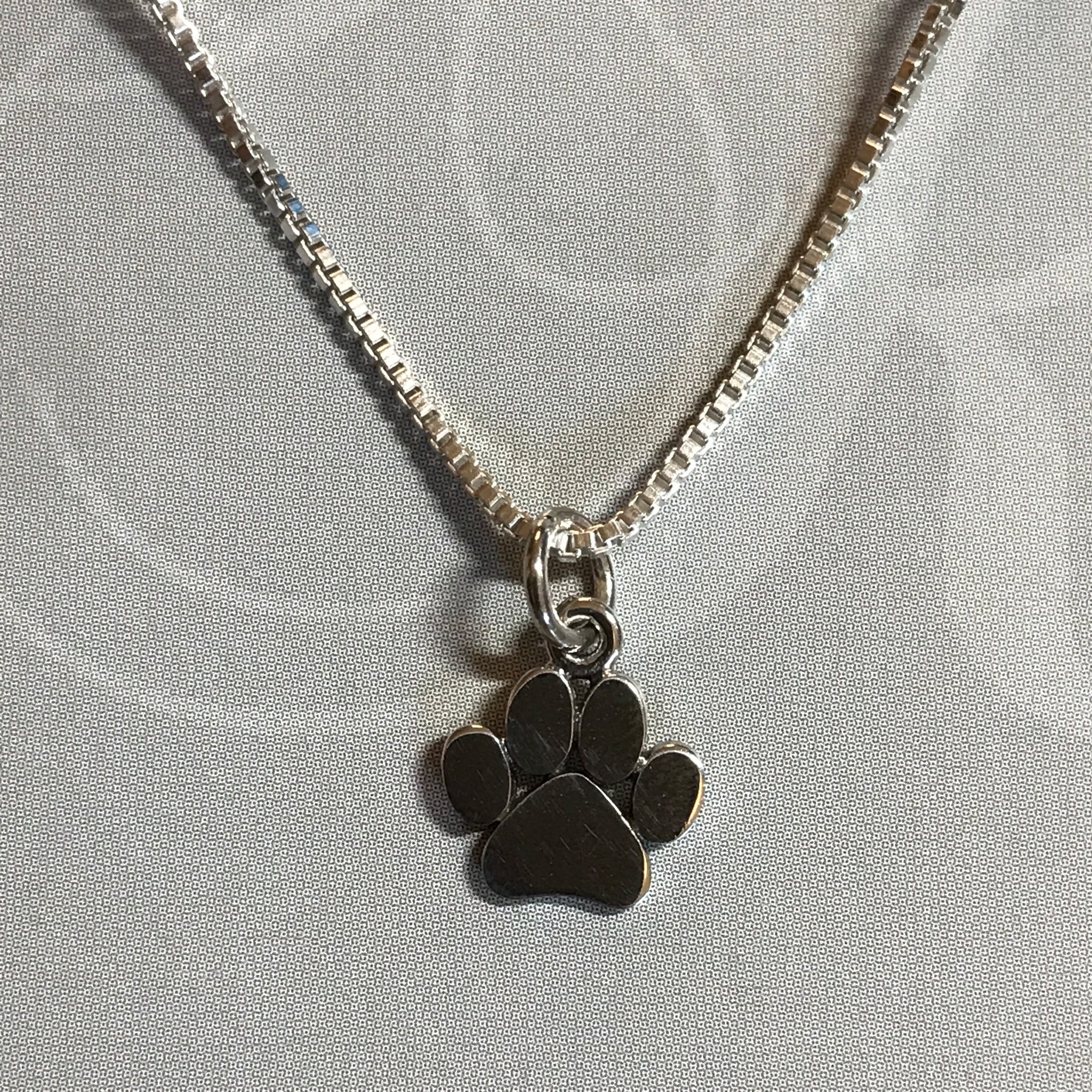 Sterling silver pawprint pendant on sterling silver box chain necklace