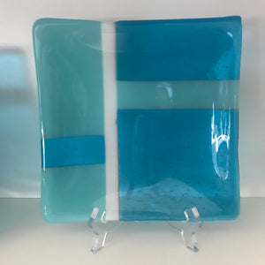 Fused glass plate, Large (8" x 8" x 1") - Blue Geometric