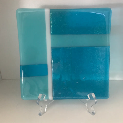 Fused glass plate, Small (6" x 6" x 0.5") - Blue Geometric