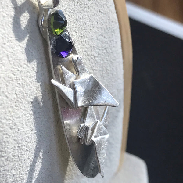 Double crane origami fine silver pendant with Swarovski crystals and sterling silver chain
